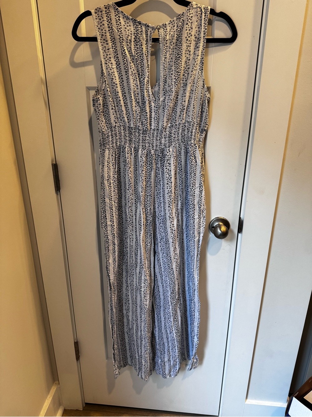 Sleeveless Blue & White Striped Smocked-Waist Jumpsuit